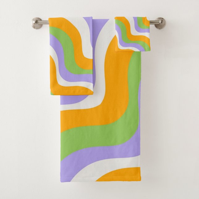 Bold Abstract Orange Green Purple Wavy Stripe  Bath Towel Set (Insitu)