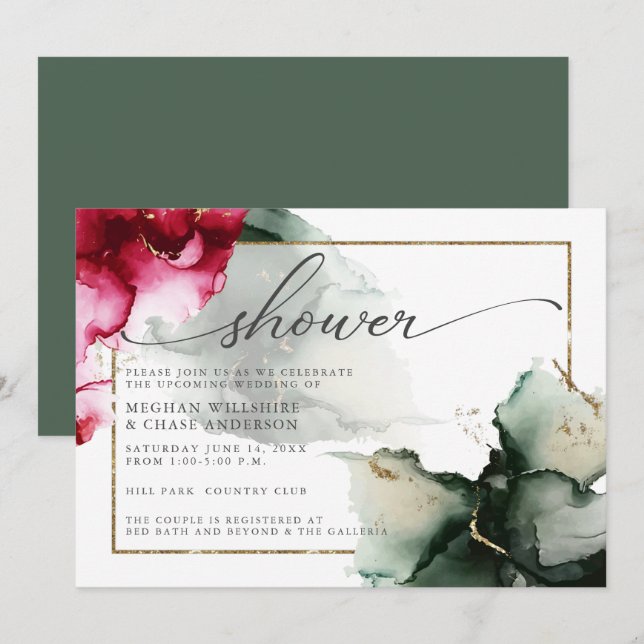 Bold Abstract Pink and Sage Green Watercolor Invitation (Front/Back)