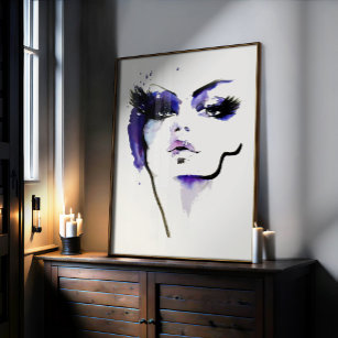 Bold Abstract Purple Black Watercolor Woman Face  Poster