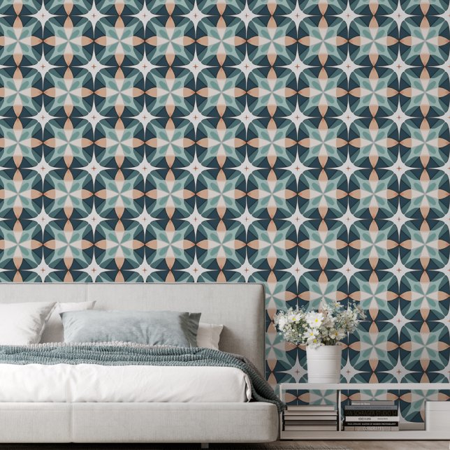 Bold Abstract Teal and Peach Moroccan Tile Wallpaper (Creator Uploaded)