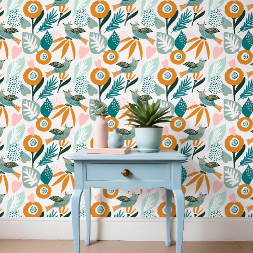 Bold Abstract Tropical Birds  Floral Pattern Wallpaper