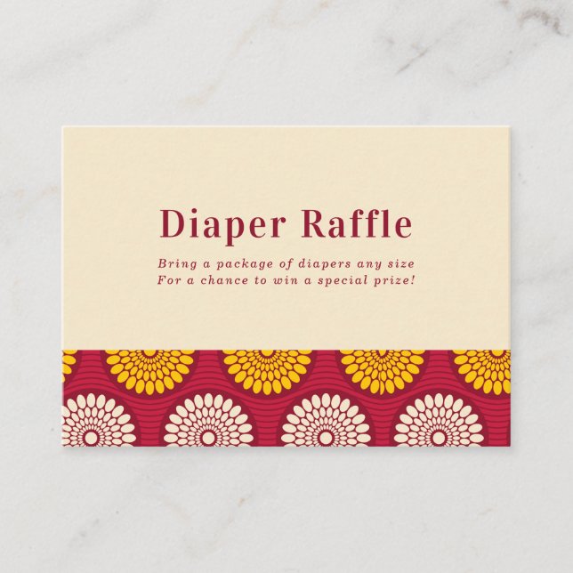 Bold African Wax Print Red & Yellow Diaper Raffle Enclosure Card (Front)