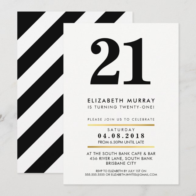 BOLD AGE NUMBER minimal black white 21ST INVITE (Front/Back)