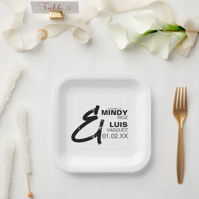 BOLD AMPERSAND Grunge Black White Wedding   Paper Plates (Wedding)