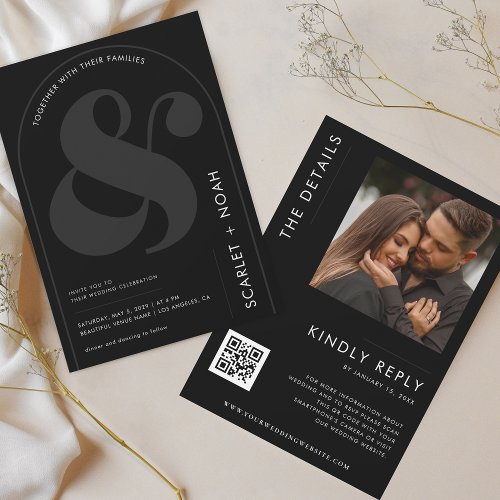 Bold Ampersand Stylish Dark Photo QR Code Wedding  Invitation