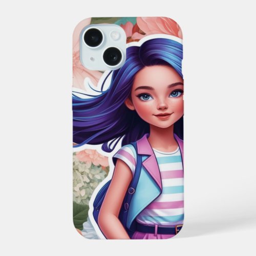 Bold and Beautiful Blue_Haired Girl with Floral iPhone 15 Case