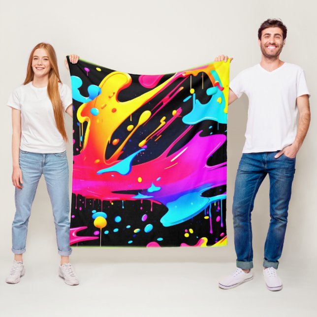 Bold and Bright Paint Splatter Art Fleece Blanket (In Situ)