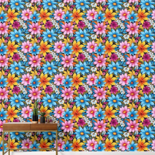 Bold and Bright Red Yellow Blue  Florals Wallpaper