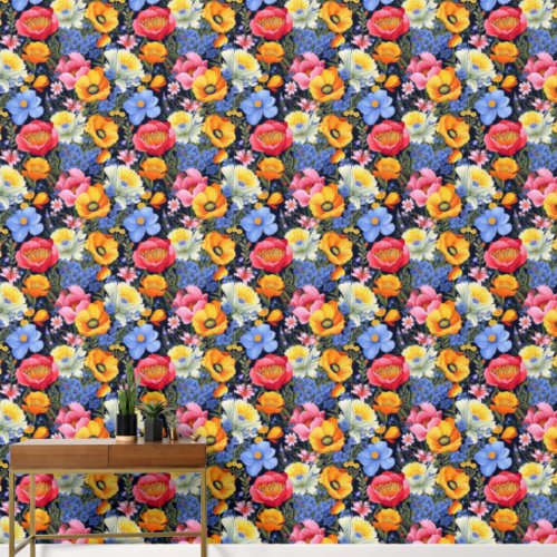 Bold and Bright Red Yellow Blue White Florals Wallpaper