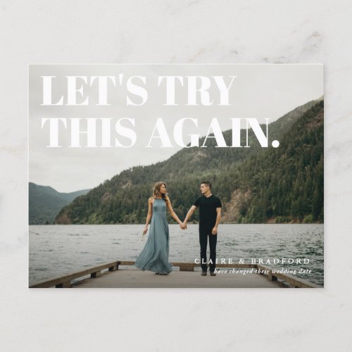 Bold and Cheeky Typographic Save the New Date Announcement Postcard