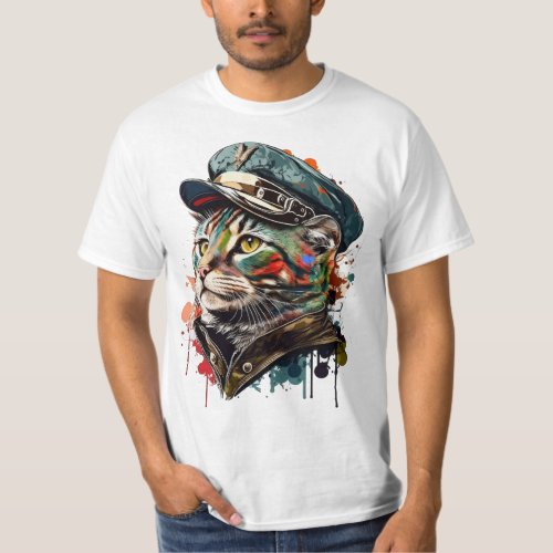 Bold and Colorful Cat Portrait in Military Coat an T_Shirt