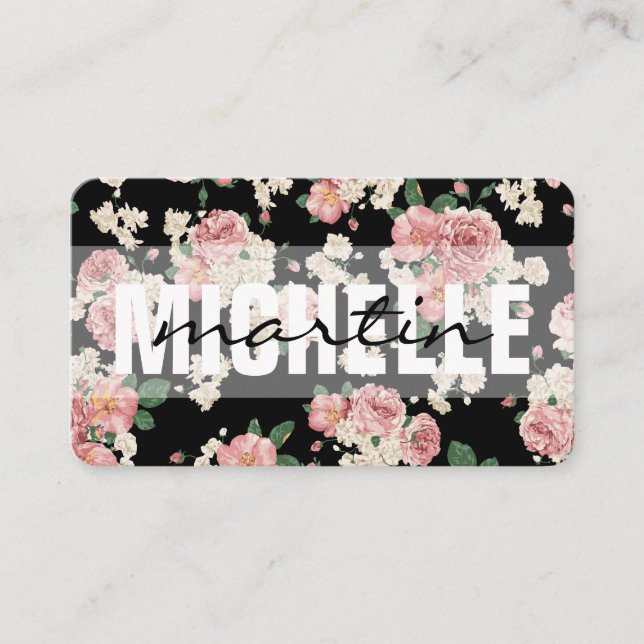 Bold and Cursive Text Floral Pattern Business Card (Front)