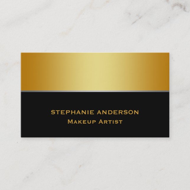 Bold and Elegant Black Gold Striped Makeup Artist Business Card (Front)