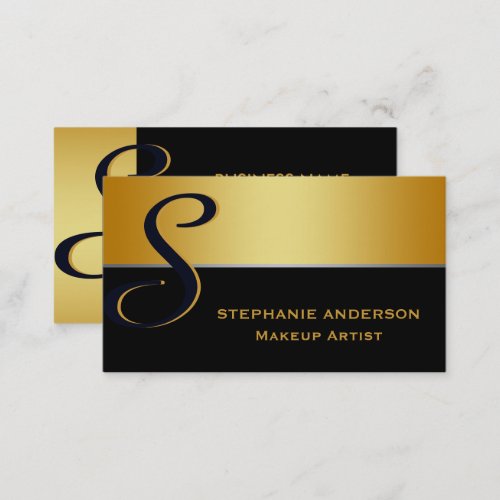 Bold and Elegant Black Gold Striped Makeup Artist Business Card