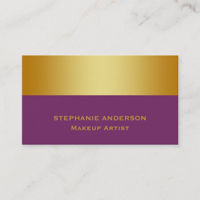 Bold and Elegant Purple Gold Striped Makeup Artist Business Card (Front)