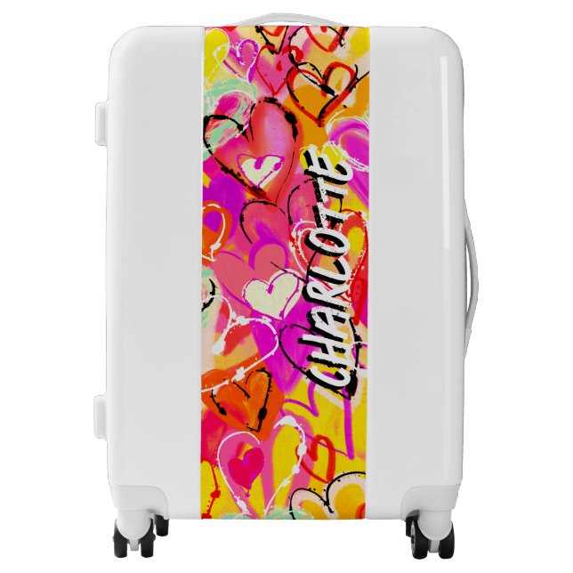 Bold and Stylish: Yellow & Pink Graffiti Hearts Luggage (Front)