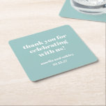 Bold Aqua Blue Retro Custom Wedding Thank You  Square Paper Coaster<br><div class="desc">Add a thoughtful touch to your wedding reception or special event with these personalized thank-you coasters! Featuring a modern and minimalist design in soft aqua blue with elegant white typography, these coasters are a stylish way to show appreciation to your guests. Customizable with the couple’s names and wedding date, they...</div>