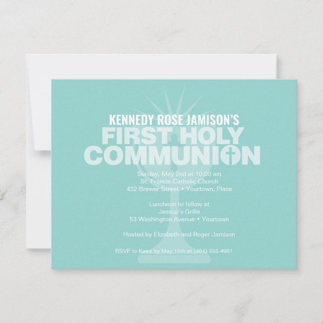 Bold Aqua Communion Cup First Holy Communion Invitation (Front)