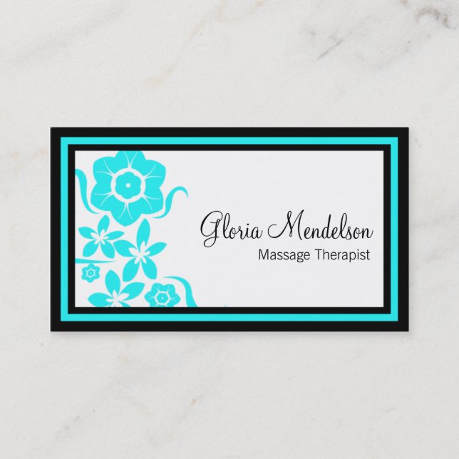 Bold Aqua Floral Massage Therapy Business Card (Front)