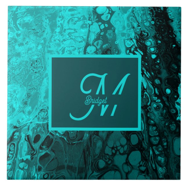 Bold Aqua Teal Marble Monogram Ceramic Tile (Front)