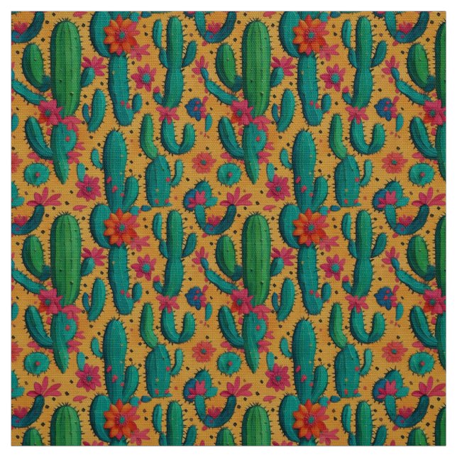 Bold Arizona Saguaro Flowering Cactus Fabric (Swatch)