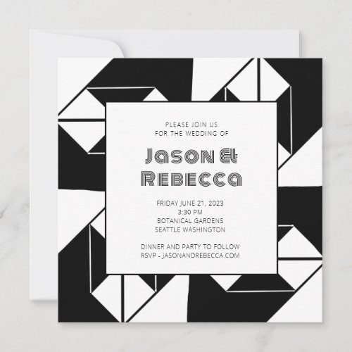 Bold Art Deco Vintage Black White Tile Wedding Invitation