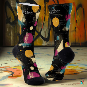 Bold Artistic in Gold, Teal, and Magenta on Black Socks