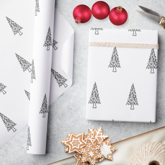 Bold Artistic Line Art Tree Black White Holiday Wrapping Paper (Creator Uploaded)