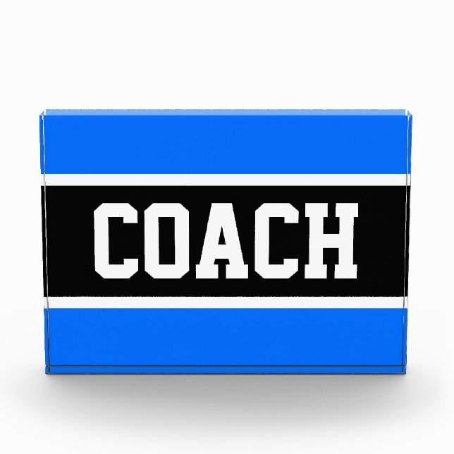 Bold Athletic Blue Black White Stripes COACH Text Acrylic Award (Front)