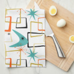 Bold Atomic Stars Boomerang Squares Mid Century Kitchen Towel<br><div class="desc">Add a pop of color to your kitchen with this funky retro kitchen towel. The pattern features abstract squares,  starbursts,  and a boomerang in the colors of turquoise blue,  golden yellow,  orange,  cream,  and black. This will brighten up your kitchen decor!</div>