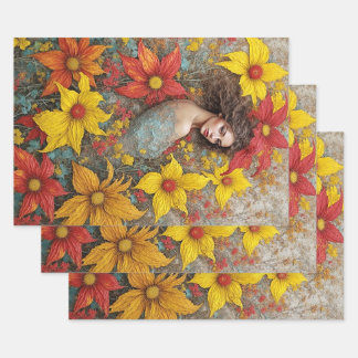 Bold Autumn Floral Woman Wrapping Paper Sheets