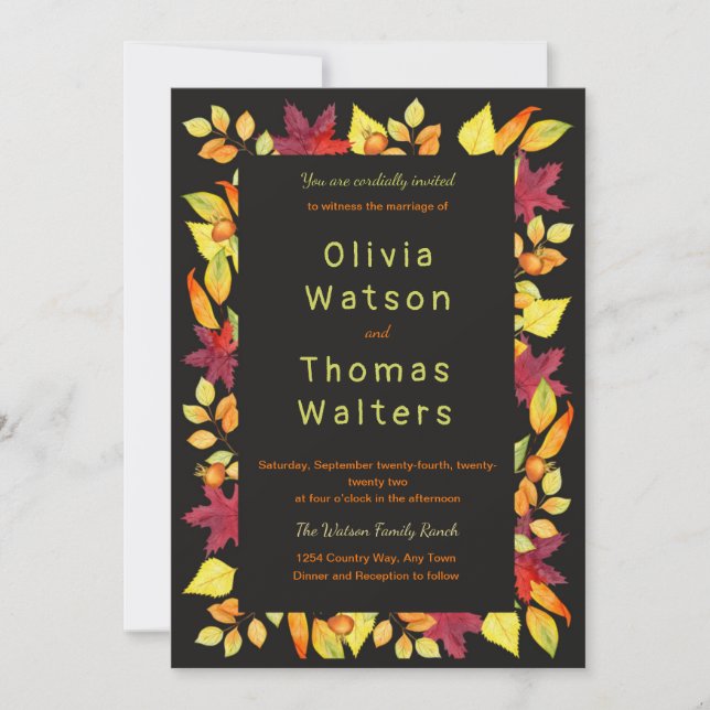 Bold Autumn Leaves Bordered Wedding Invitation (Front)
