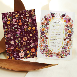 Bold Autumn Wildflowers Monogram Crest Wedding Foil Invitation