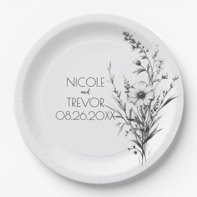 Bold B&W Wildflowers Paper Plates (Front)