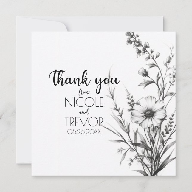 Bold B&W Wildflowers Thank You Card (Front)
