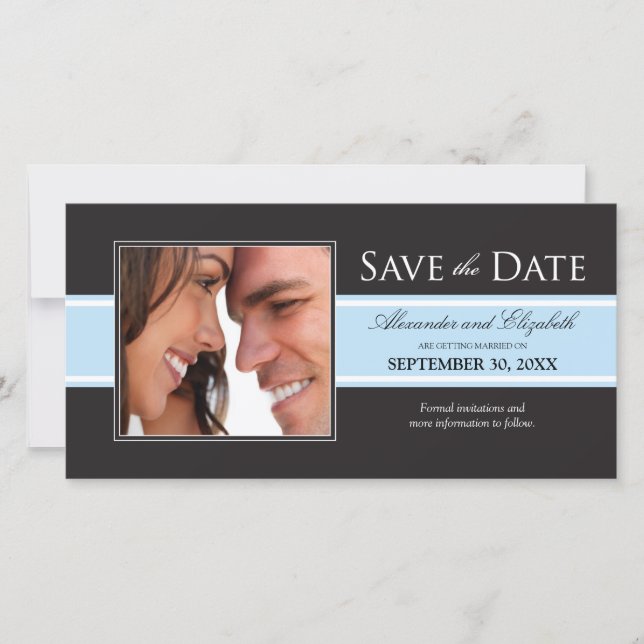 Bold Baby Blue Stripe Save the Date Announcement (Front)
