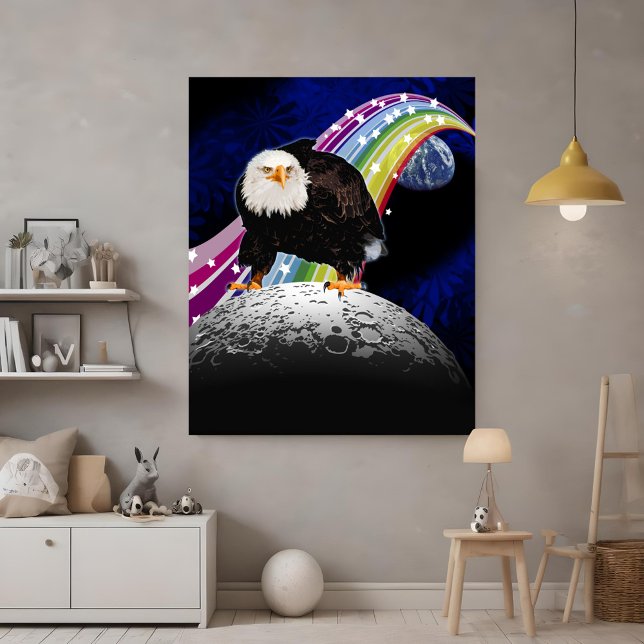 Bold Bald Eagle On Moon Colorful Rainbow Space Art Poster (Moon landing bald eagle space collage poster with rainbow streaming from Earth)
