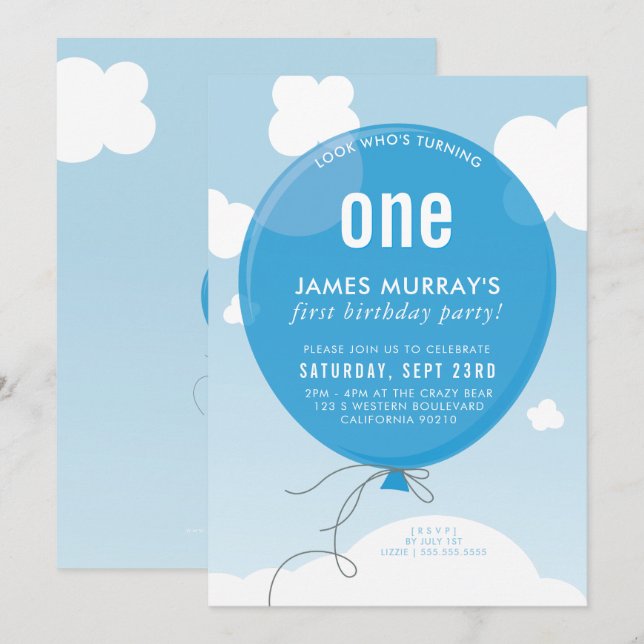 BOLD BALLOON birthday party invite blue sky (Front/Back)
