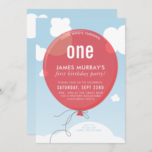 BOLD BALLOON birthday party invite blue sky red (Front/Back)