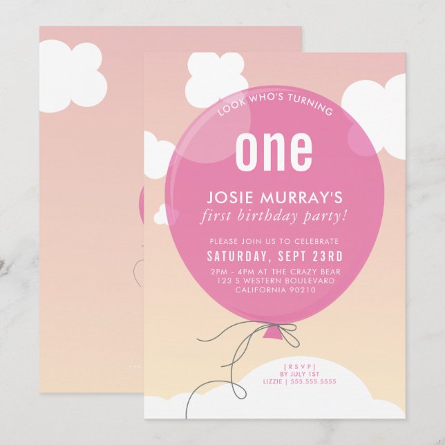 BOLD BALLOON birthday party invite sunset sky pink (Front/Back)