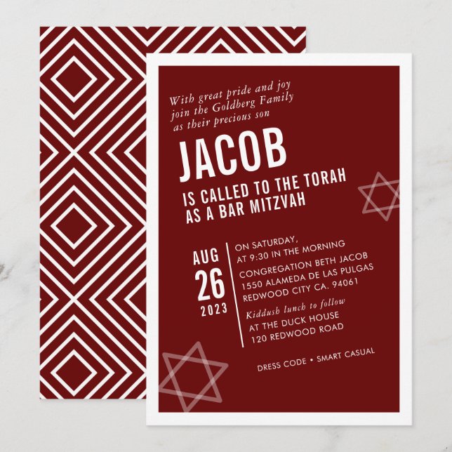 BOLD BAR MITZVAH simple modern angle maroon white Invitation (Front/Back)