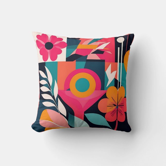 Bold Bauhaus Florals: Vibrant Geometric Design Throw Pillow (Front)