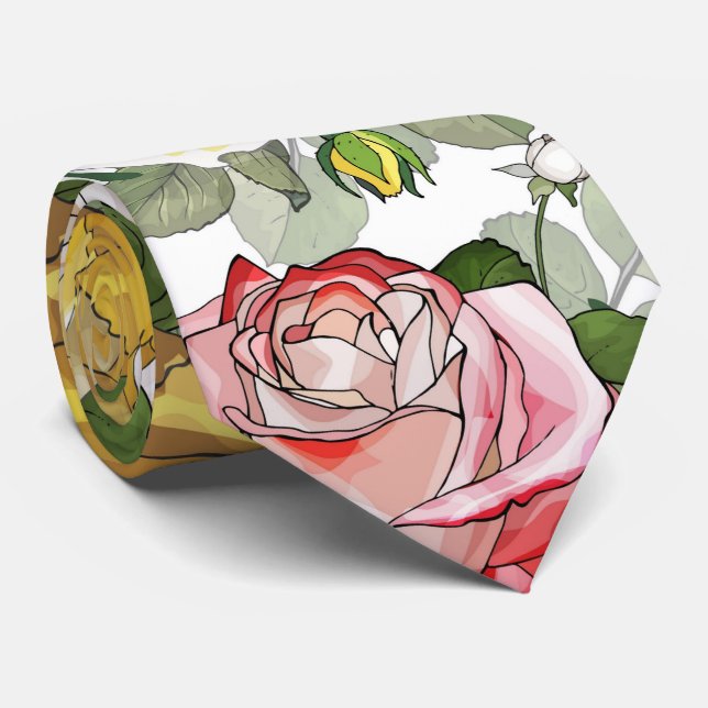 Bold Beautiful Watercolor Ink Red Yellow Roses Neck Tie (Rolled)