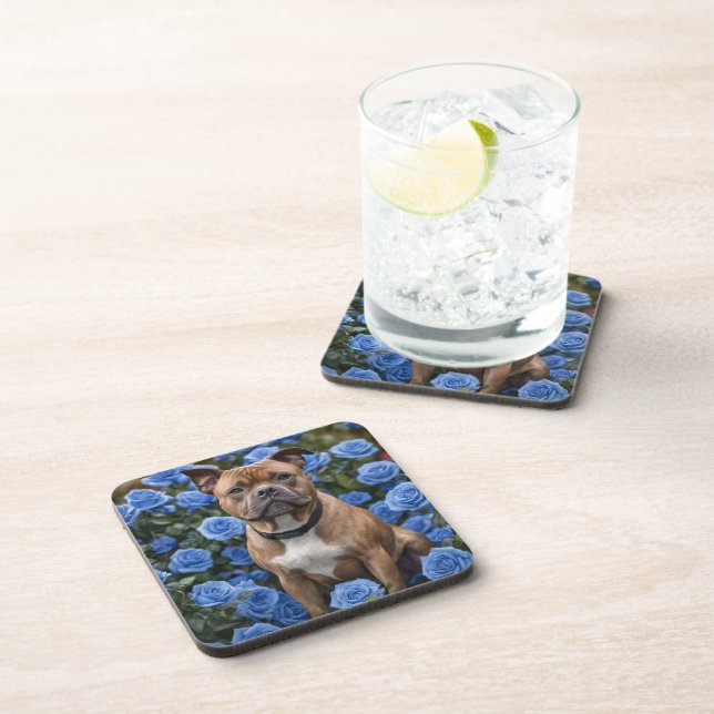 "Bold Beauty: A Brown Staffy in a Blue Rose Garden Beverage Coaster (Right Side)