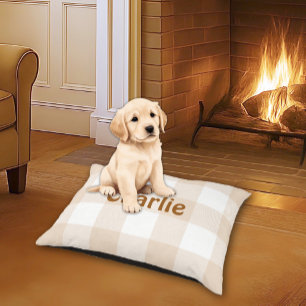 Bold Beige White Gingham Buffalo Pattern Name Pet Bed