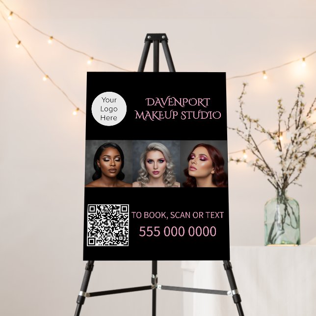 Bold Black and Blush Pink 3 Photo QR Code Foam Board (In Situ (Stand))