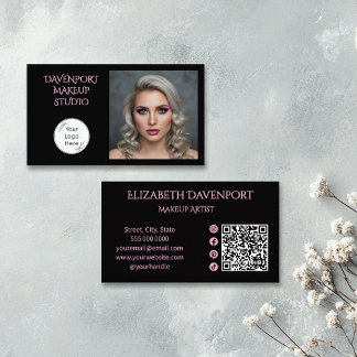 Bold Black and Blush Pink Social Icon QR Code Business Card