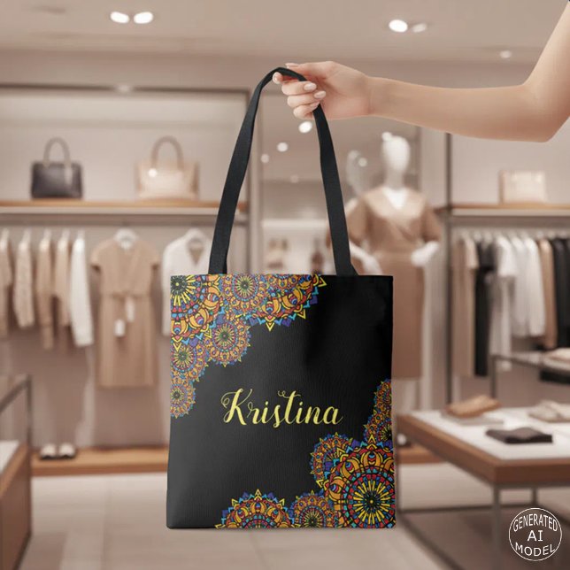 Bold Black and Colorful Floral Mandala Name Tote Bag (Creator Uploaded)