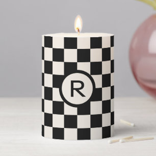 Bold Black and Cream Checkered Pattern Monogram Pillar Candle
