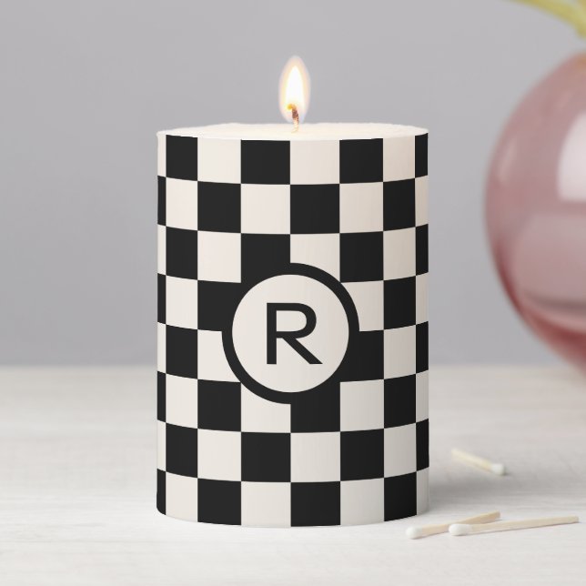Bold Black and Cream Checkered Pattern Monogram Pillar Candle (In Situ)